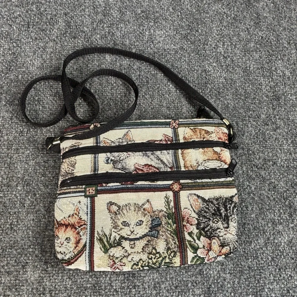Vintage 80's/90s Kitty Cats Woven Tapestry Crossbody Purse